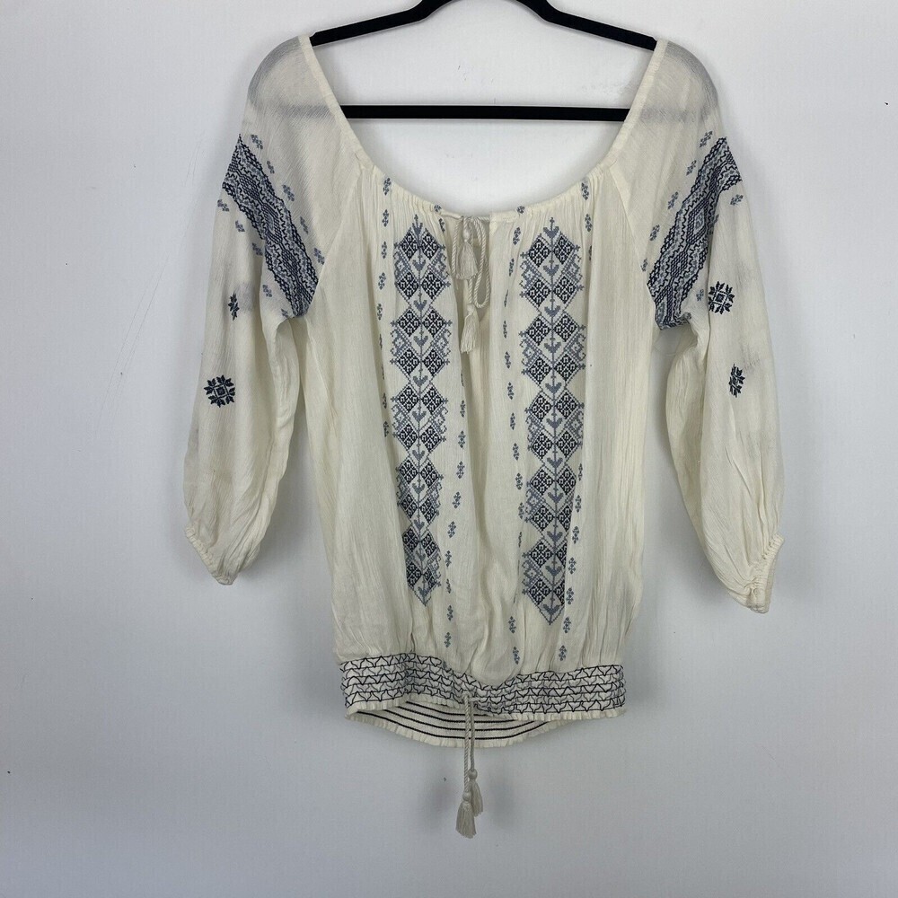 Denim & Supply Ralph Lauren Cream and Blue Embroidered Peasant Top XS​​​​​